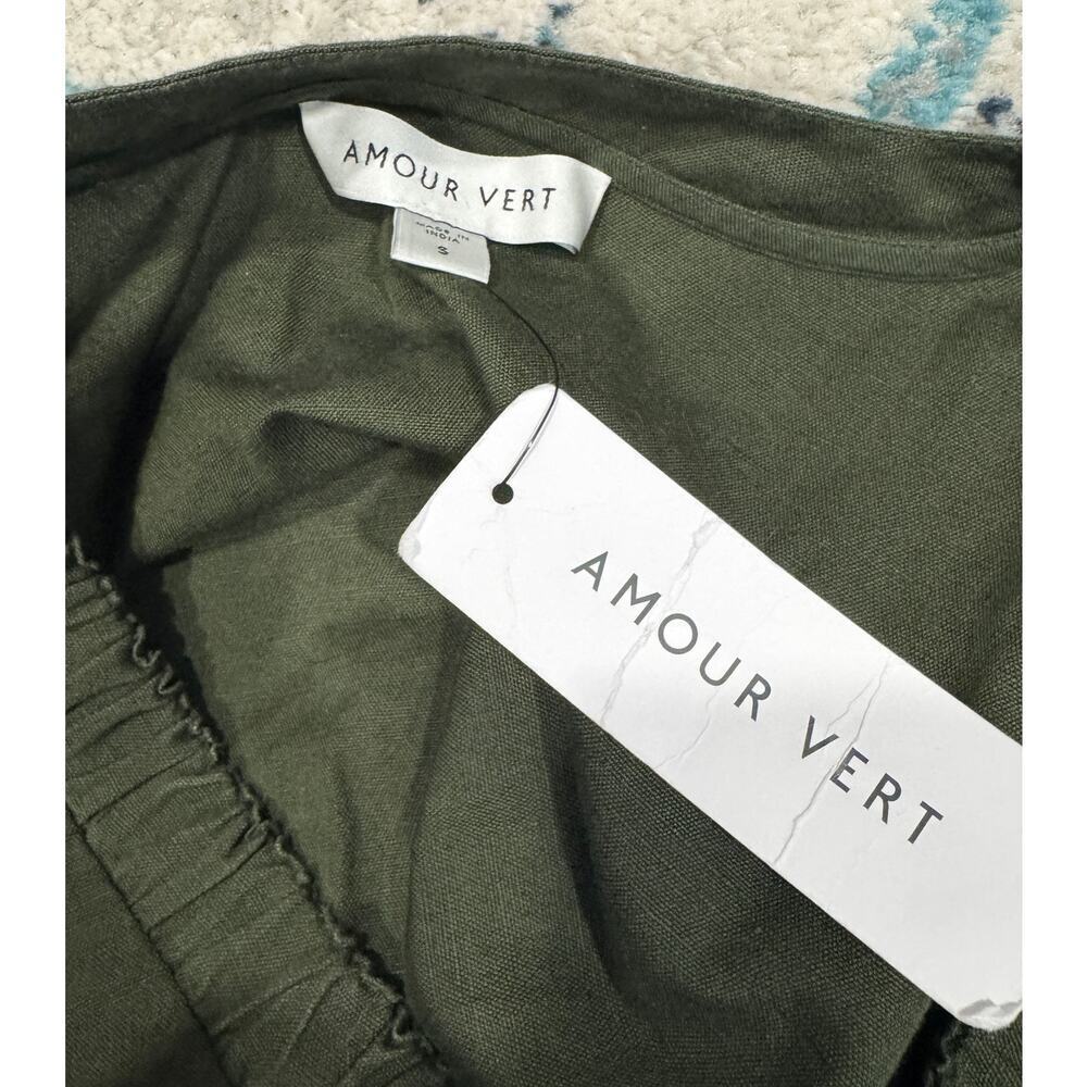 NWT AMOUR VERT Danielle Linen / Cotton Shortsleeve Olive Green Midi Dress Size S - Picture 5 of 6